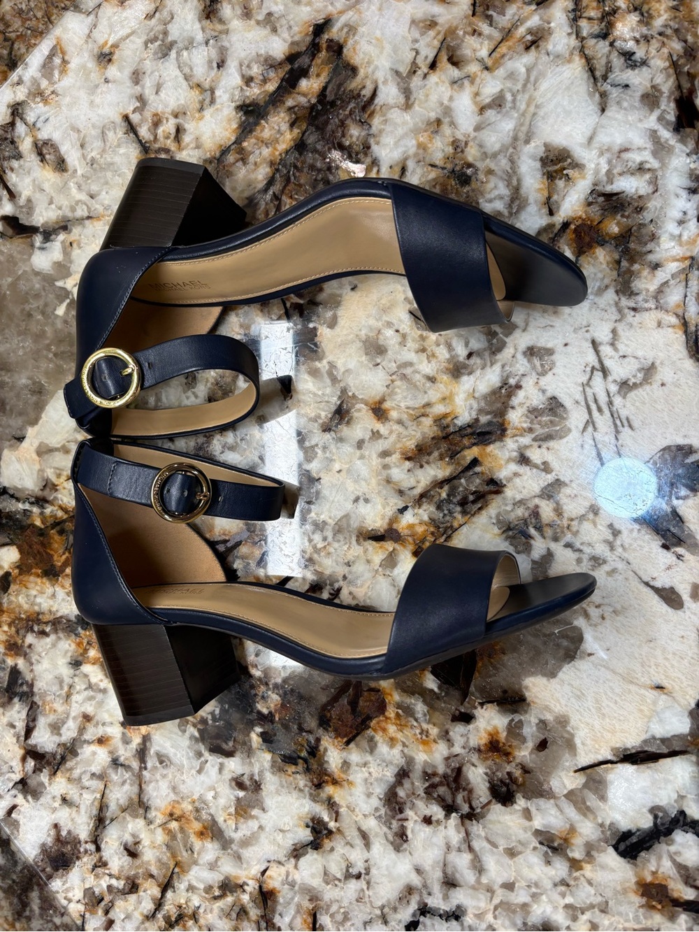 Michael Kors Navy Blue Ankle-Strap Block Heel Sandals - Picture 5 of 15